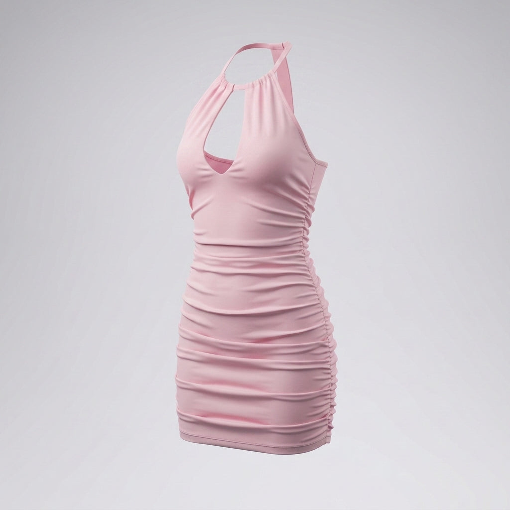 Halter Neck Front Cutout Ruched Bodycon Mini Dress