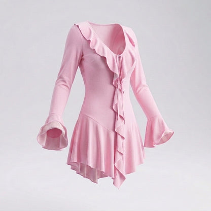 Long Sleeve Ruffle Trim Tie Front Mini Dress