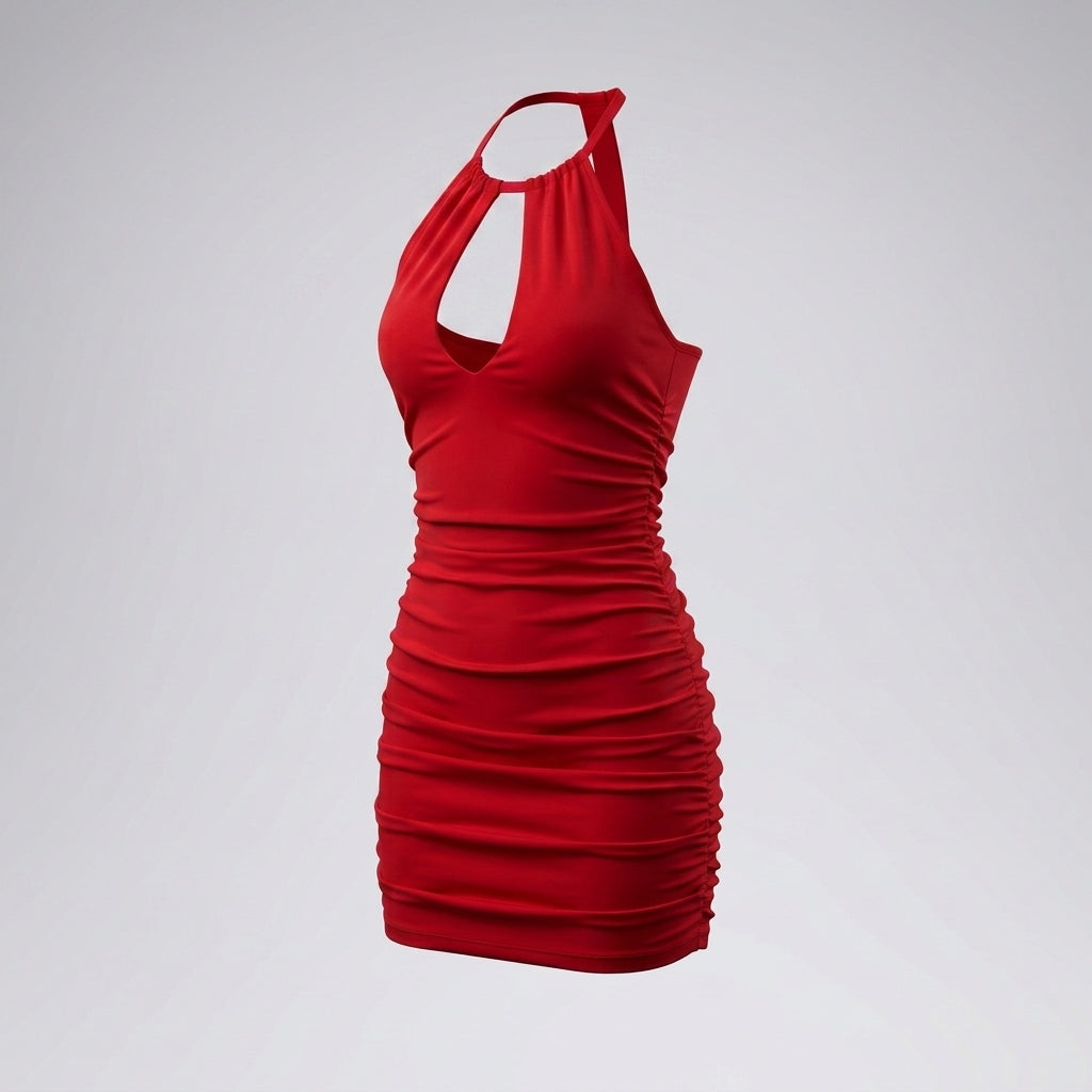 Halter Neck Front Cutout Ruched Bodycon Mini Dress