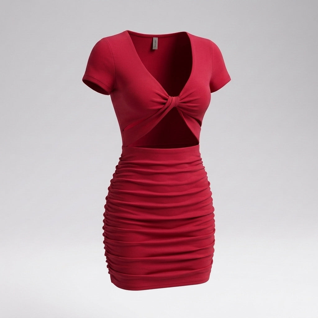 Short Sleeve Twist Front Cutout Ruched Mini Dress