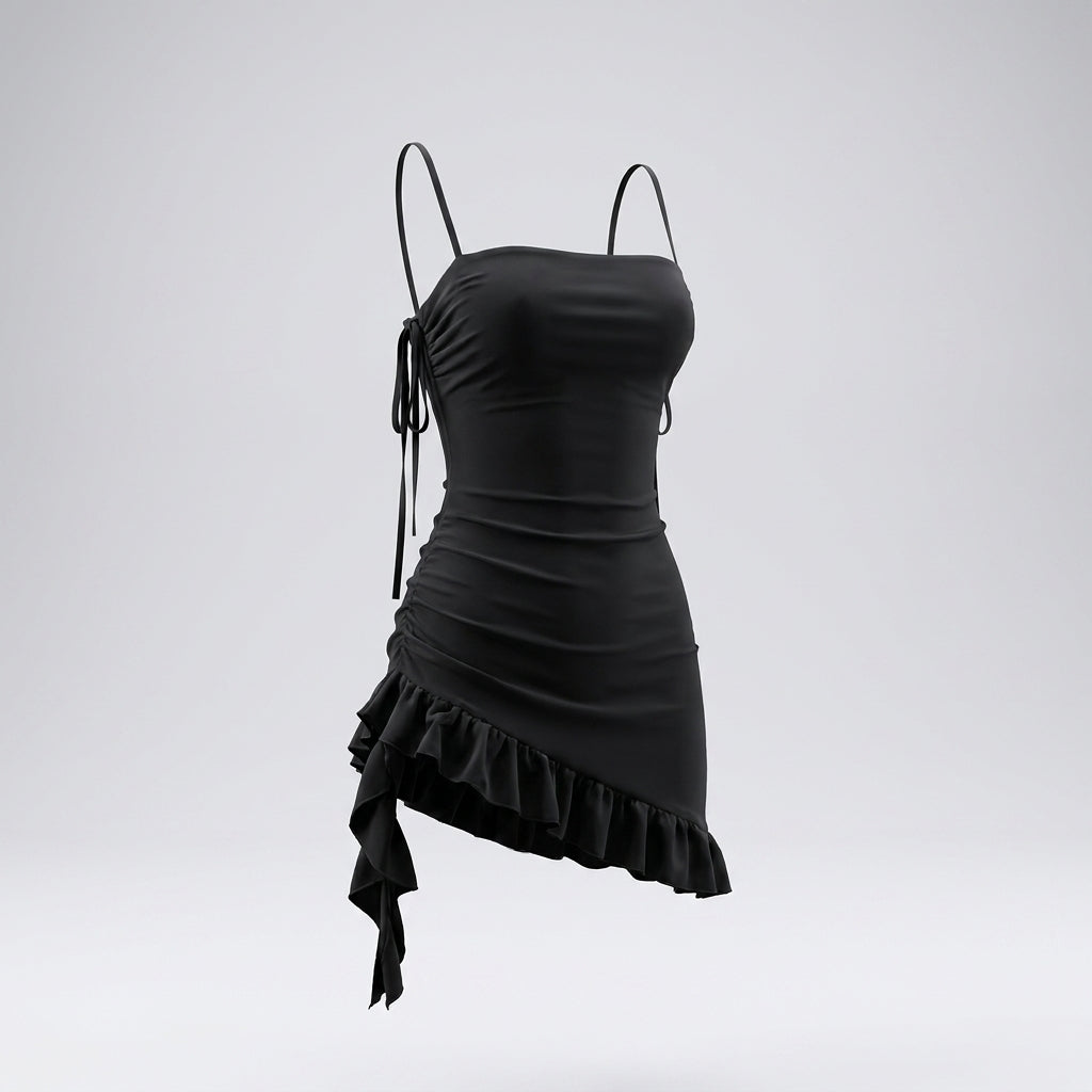 Spaghetti Strap Ruched Backless Asymmetric Ruffle Mini Dress