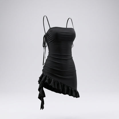 Spaghetti Strap Ruched Backless Asymmetric Ruffle Mini Dress