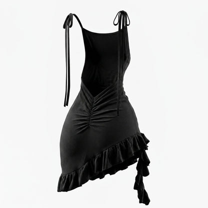 Spaghetti Strap Ruched Backless Asymmetric Ruffle Mini Dress