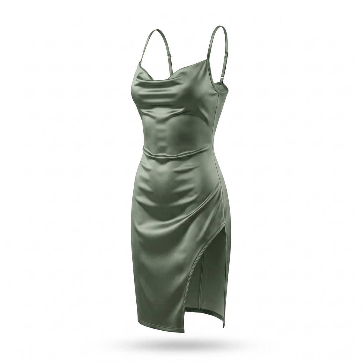 Satin Cowl Neck Ruched Side Slit Mini Dress
