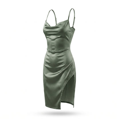 Satin Cowl Neck Ruched Side Slit Mini Dress
