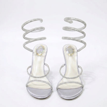 Medusa Rhinestone Spiral Wrap Around Stiletto Sandals