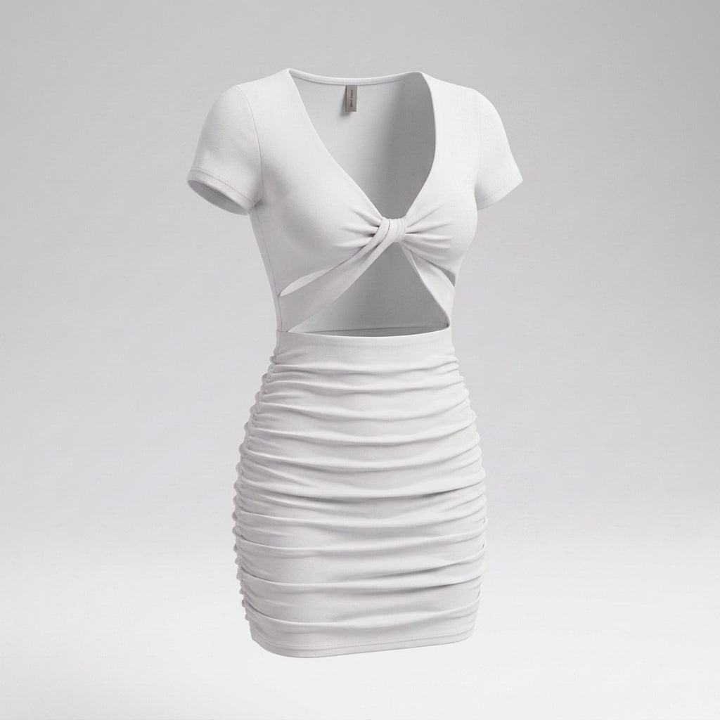 Short Sleeve Twist Front Cutout Ruched Mini Dress