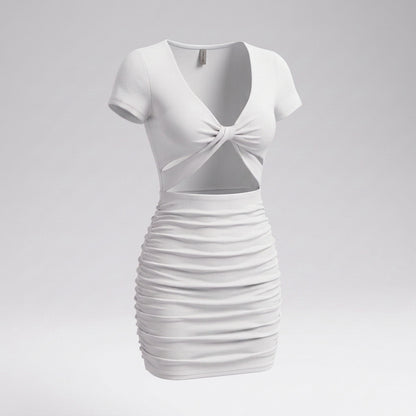 Short Sleeve Twist Front Cutout Ruched Mini Dress