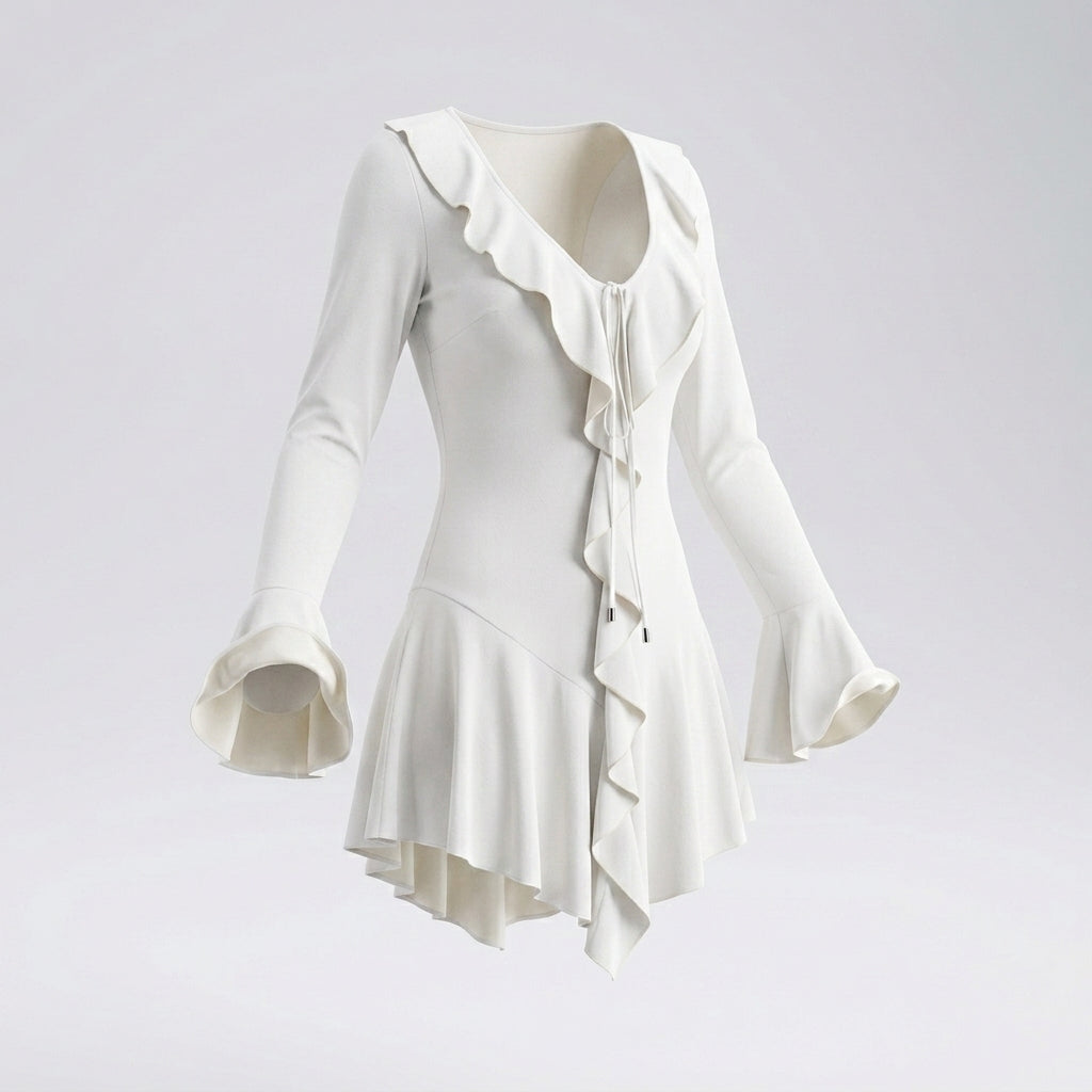Long Sleeve Ruffle Trim Tie Front Mini Dress