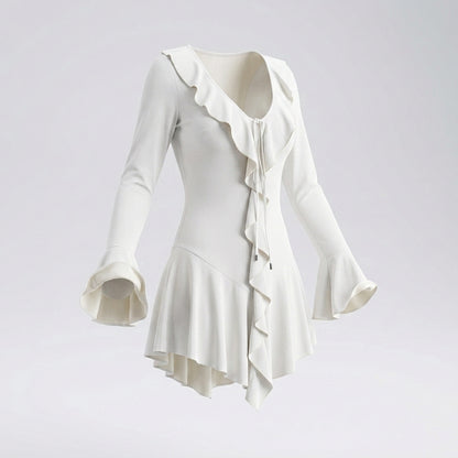 Long Sleeve Ruffle Trim Tie Front Mini Dress