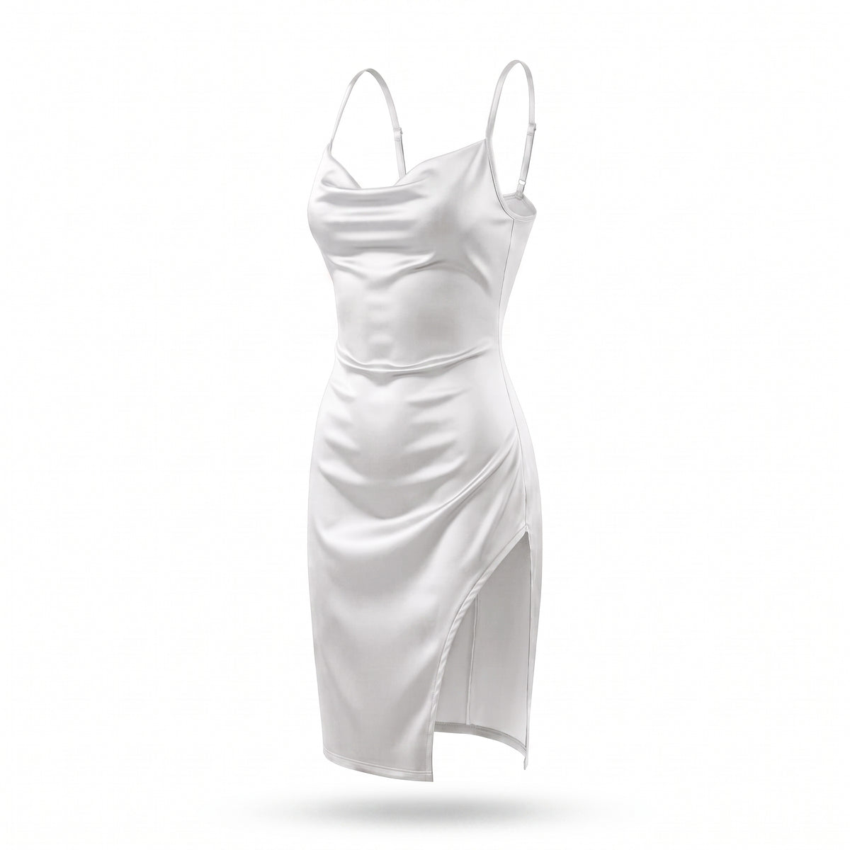 Satin Cowl Neck Ruched Side Slit Mini Dress