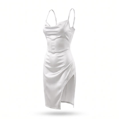 Satin Cowl Neck Ruched Side Slit Mini Dress